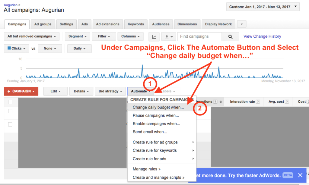 Automated Budget Rule AdWords Step 1