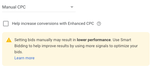 Manual CPC bidding warning