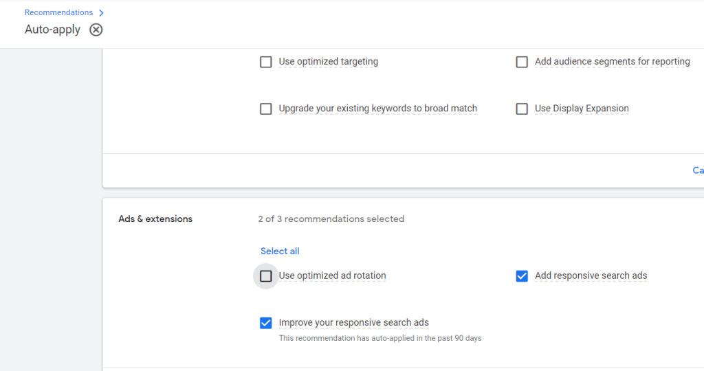 screenshot of recommendation tab in Google Ads