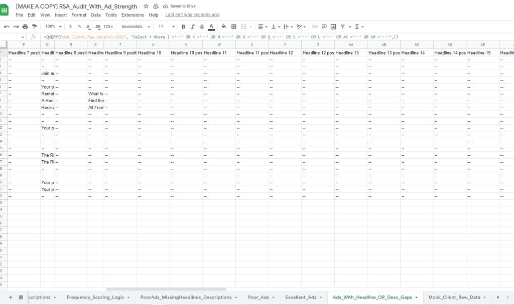 spreadsheet for headline and description gaps in RSAs