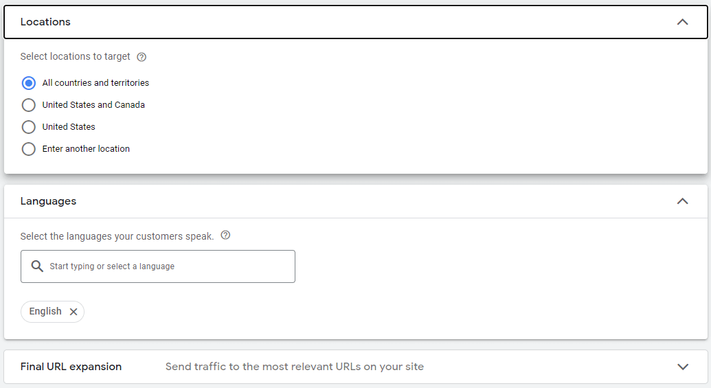 pmax locations and language interface