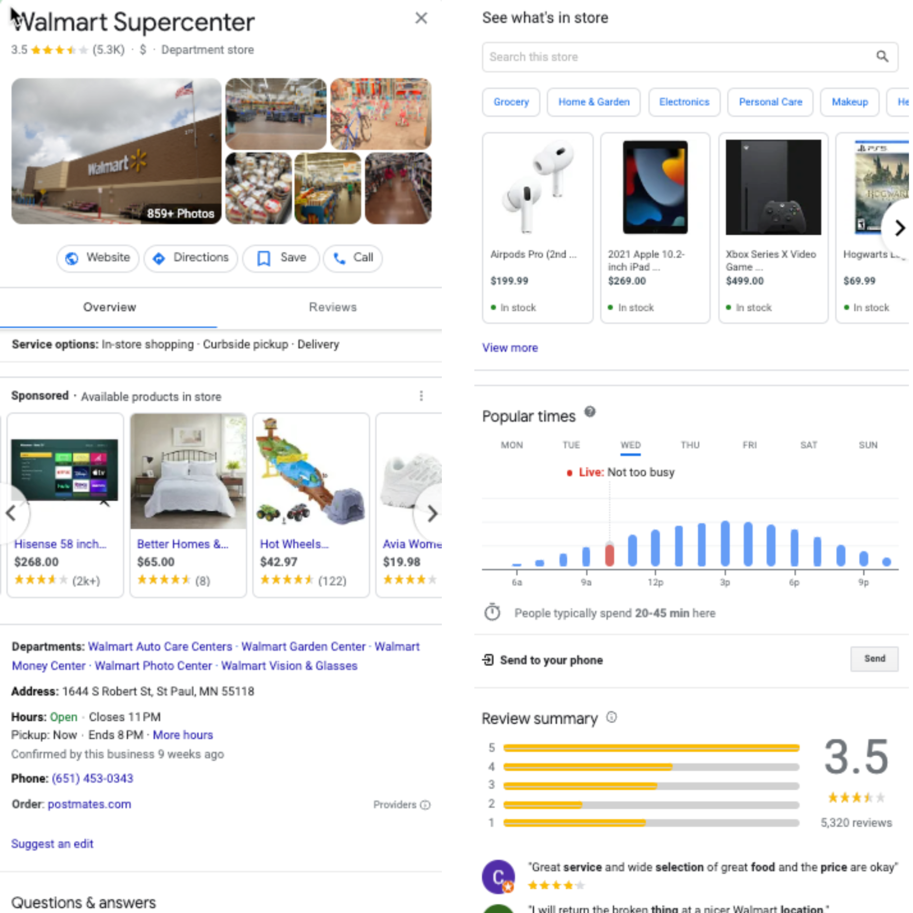 Screen capture of Walmart's Google Business Profile listing demonstrating local SEO optimization. Features such as current store hours, reviews, popular times, and store-based product inventory searches enhance online listings and attract local customers.