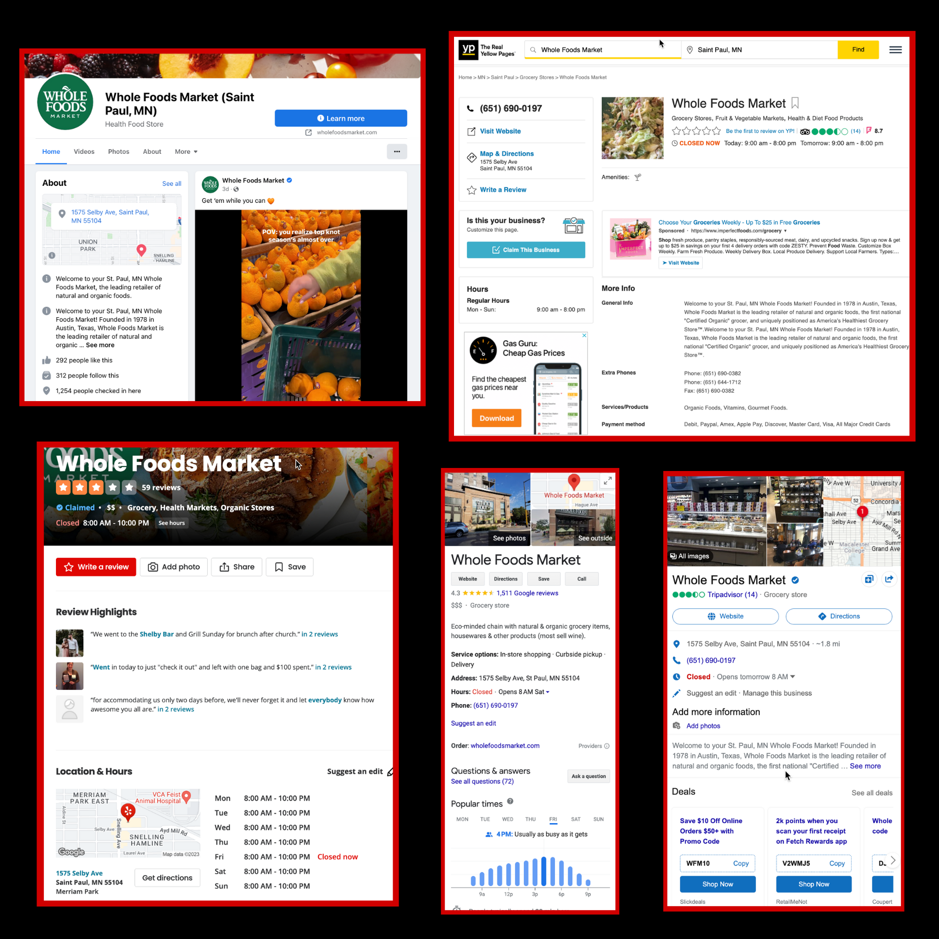 Screen captures of Facebook, Yelp, Bing, Google Business, and Yellow Pages local listings for Whole Foods St. Paul location.
