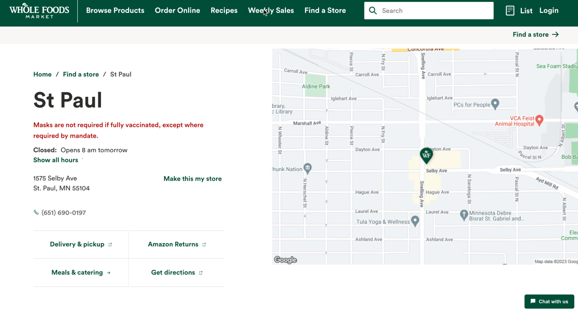 Screen capture of the website location page for Whole Foods Market grocery store in St. Paul