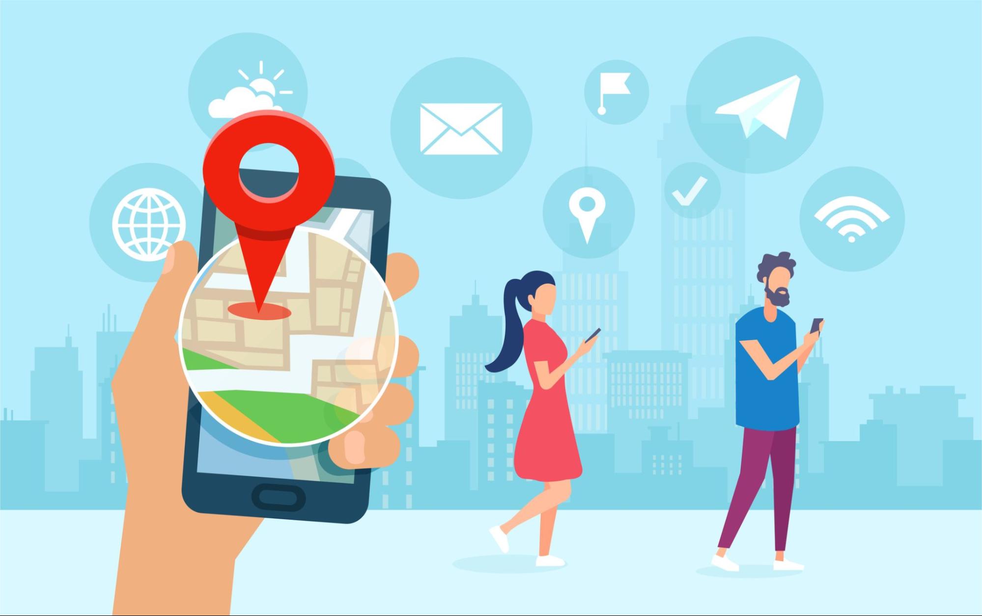 Vector illustration of young people using smartphone apps to share location, chat, and browse, ideal for multi-location SEO.