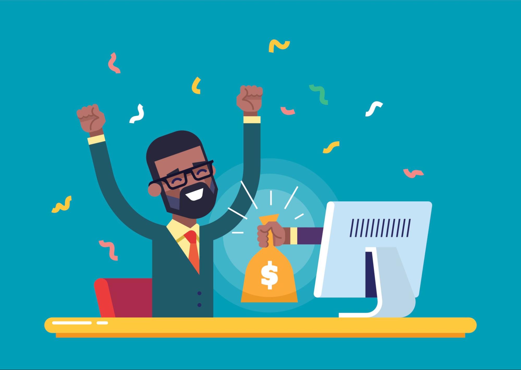 Gain a competitive advantage with local SEO. Vector illustration of a hand reaching out from a computer monitor to give a bag of money to a happy business man.