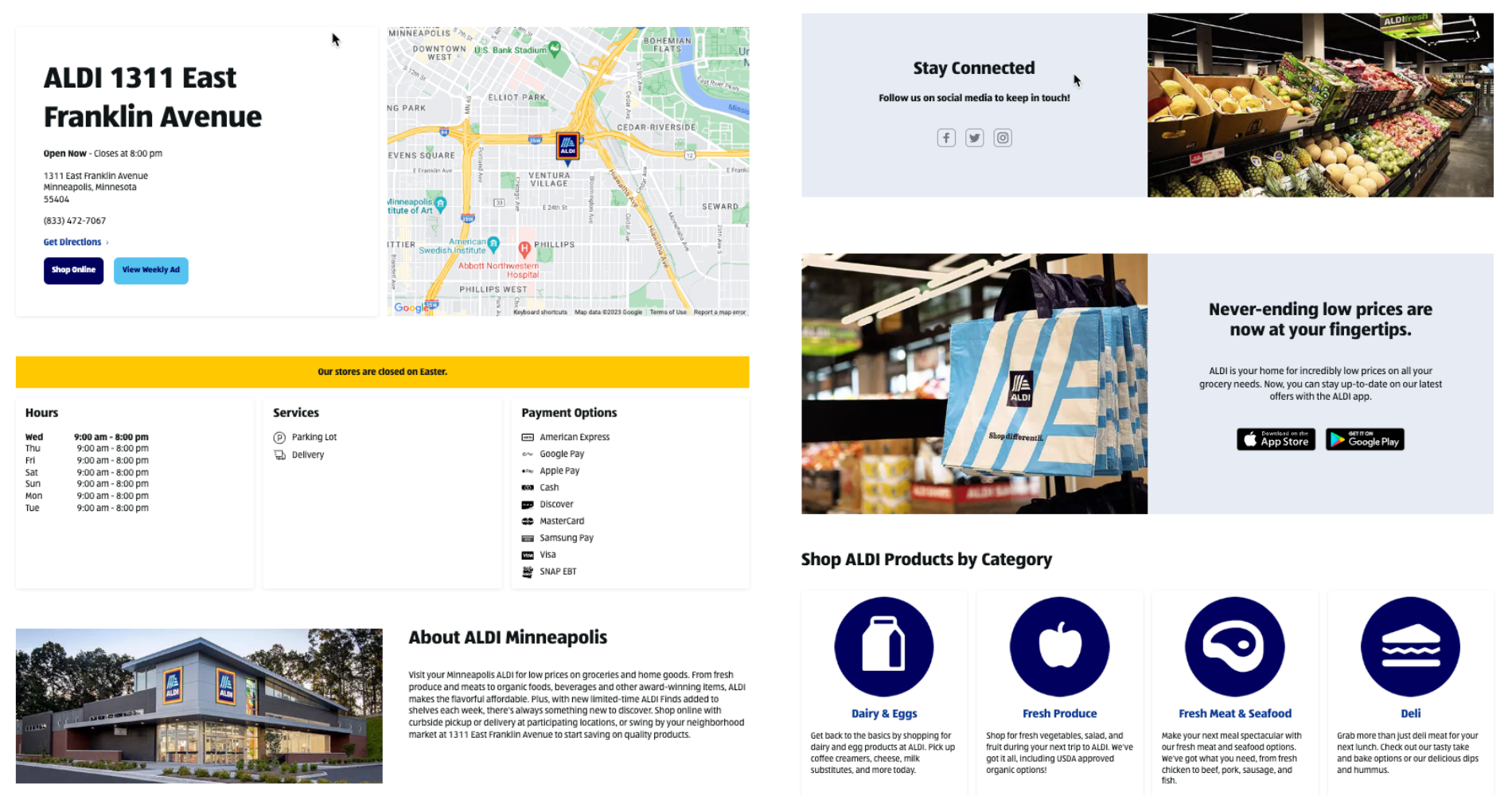 Screen capture of Aldi's location page optimized with location-specific keywords, local business schema markup, and essential information such as store hours, address, phone number, product availability, payment methods, and amenities.
