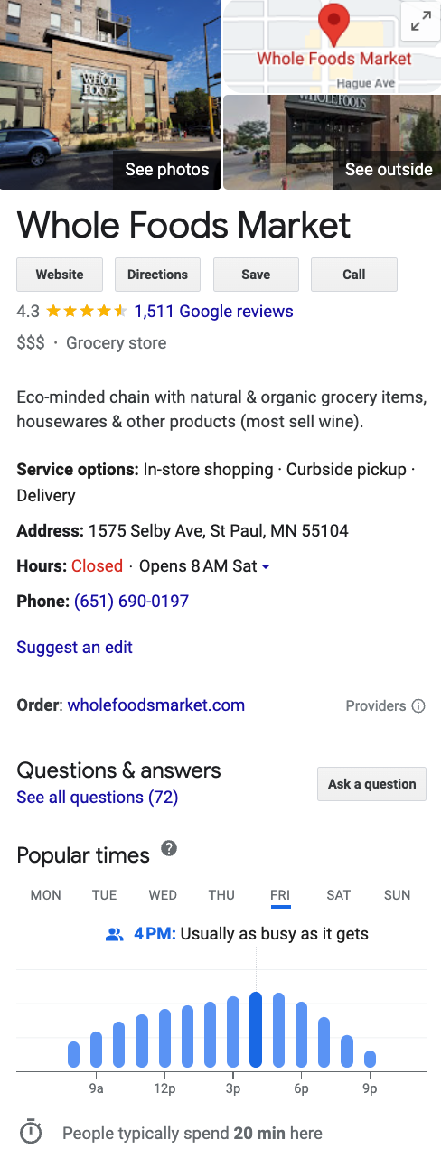 Screen capture of the Google Business Profile for Whole Foods Market grocery store in St. Paul.