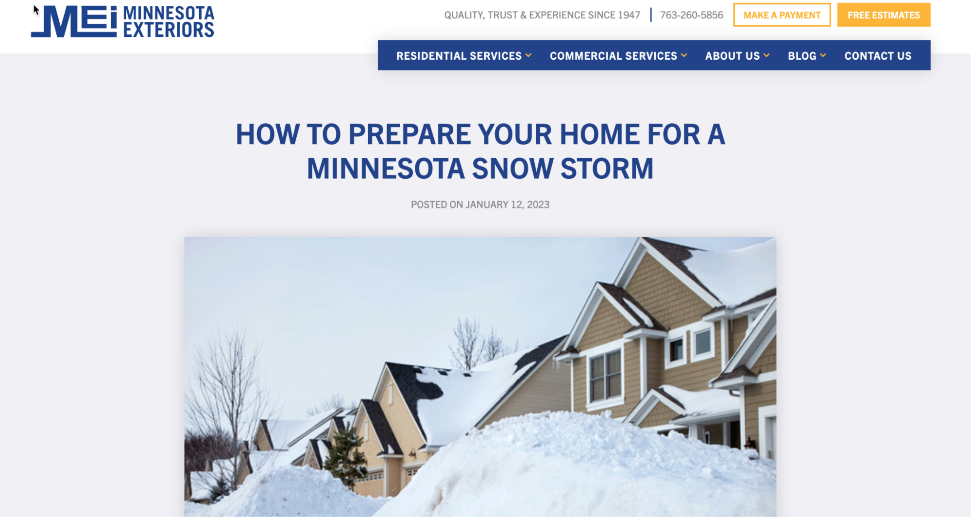 Screen capture of a Minnesota Exteriors' localized blog post that provides essential tips to prepare your home for a snowstorm in Minnesota.