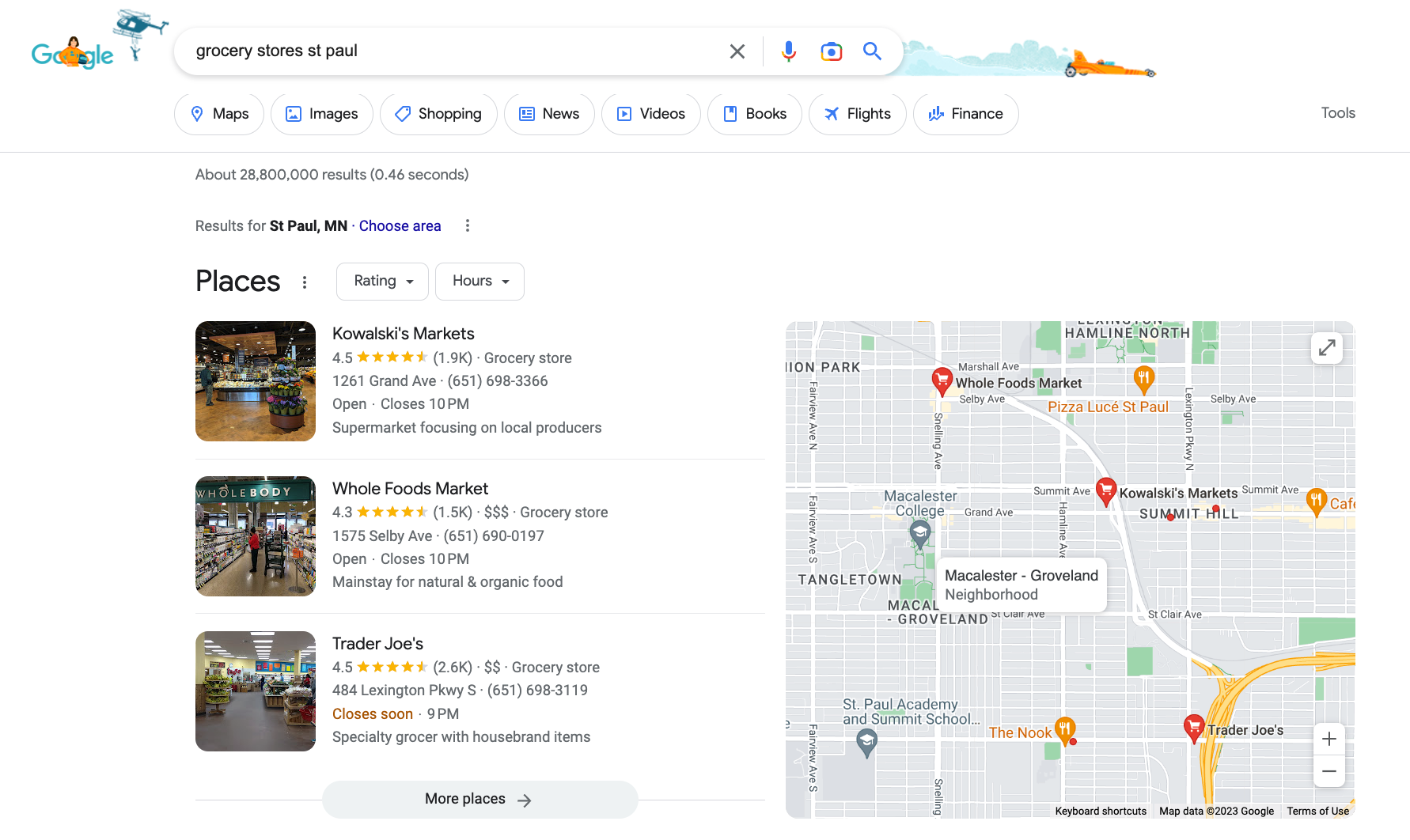 Screen capture of local search results for "grocery store St. Paul" showing businesses competing for top ranking in local map pack searches.