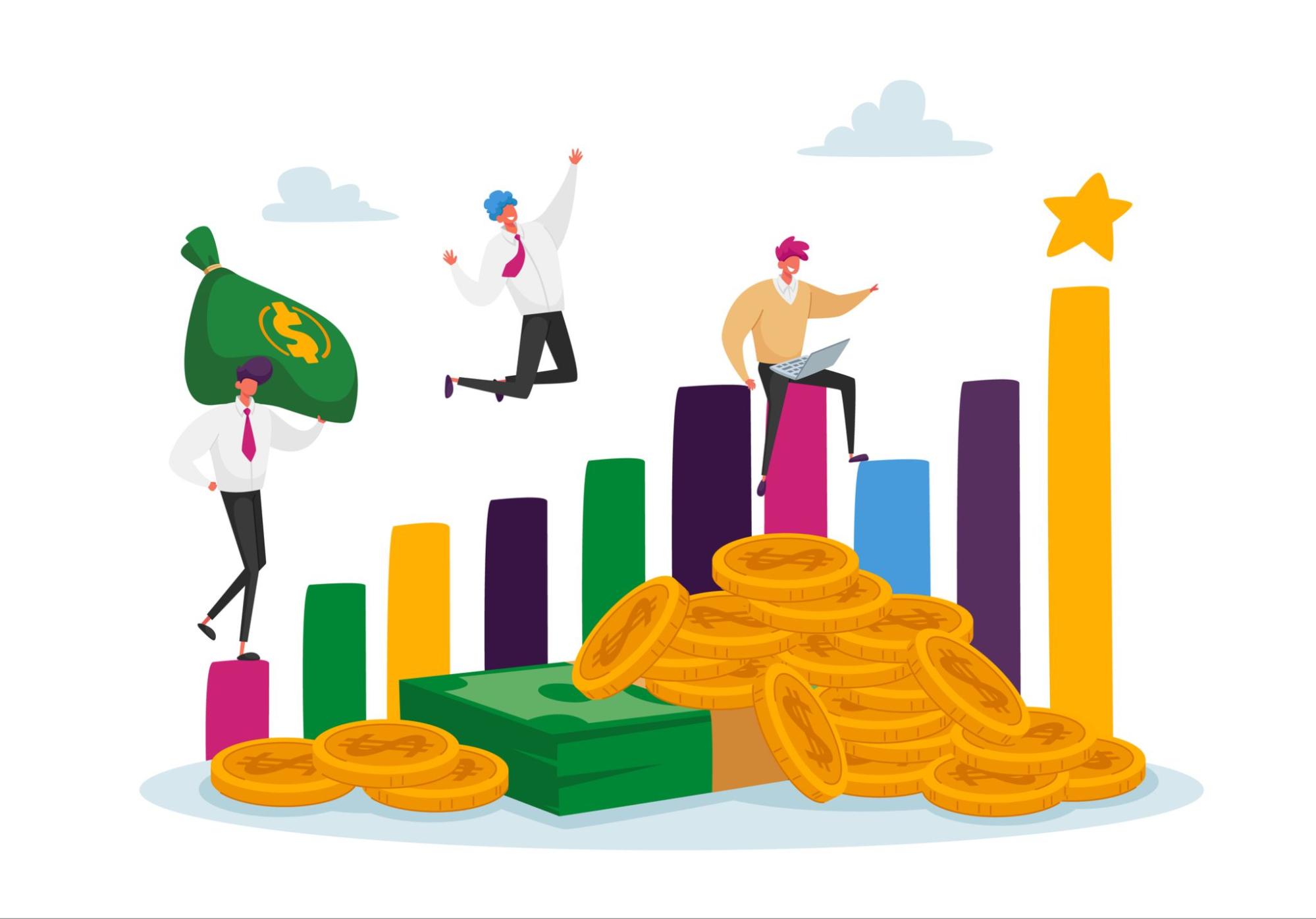 Illustration of joyful business men characters celebrating a profitable investment for their company, representing the concept of ROI for businesses who optimize multiple locations for local seo.
