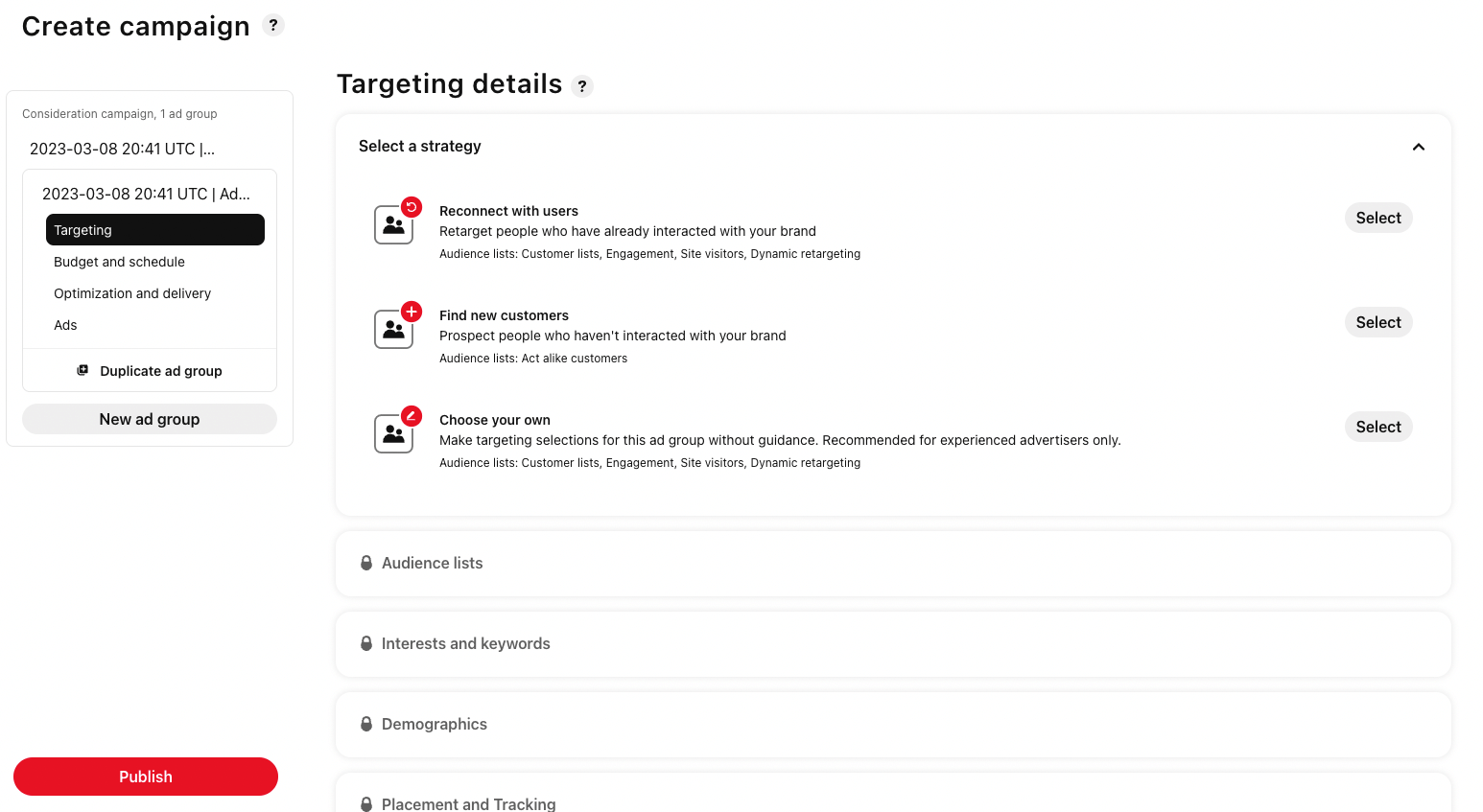 pinterest targeting setup page