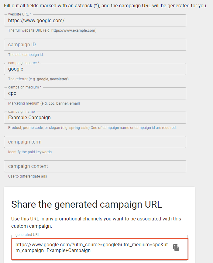 screenshot of generating campaign url